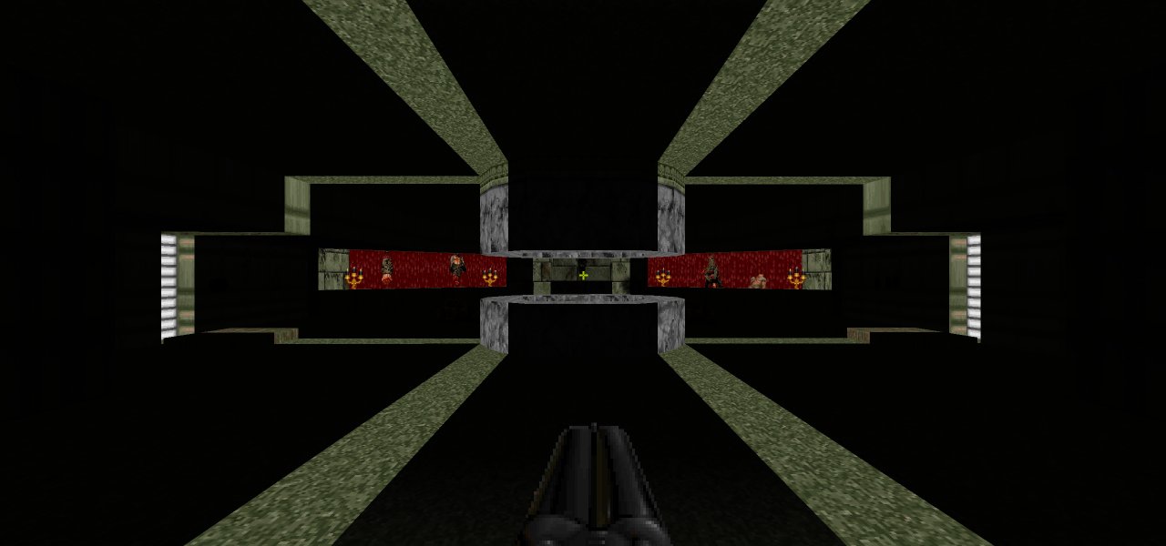 A very dark room with narrow strips of bright light illuminating from lights on the walls. In the center a round-ish marble structure is visible. The background contains a pair of blood-falls with bits of Doom gore placed in front of them