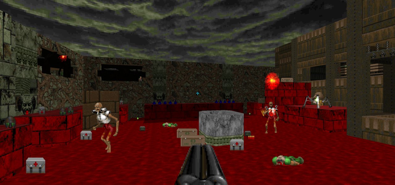 An outdoor environment depicting the player on a raised platform above a large pool of blood. Multiple revenants are attacking from the pool, with an arachnotron guarding a yellow key on another platform. Plant covered marble walls mark the boundaries of the room, with other enemies visible in their windows.