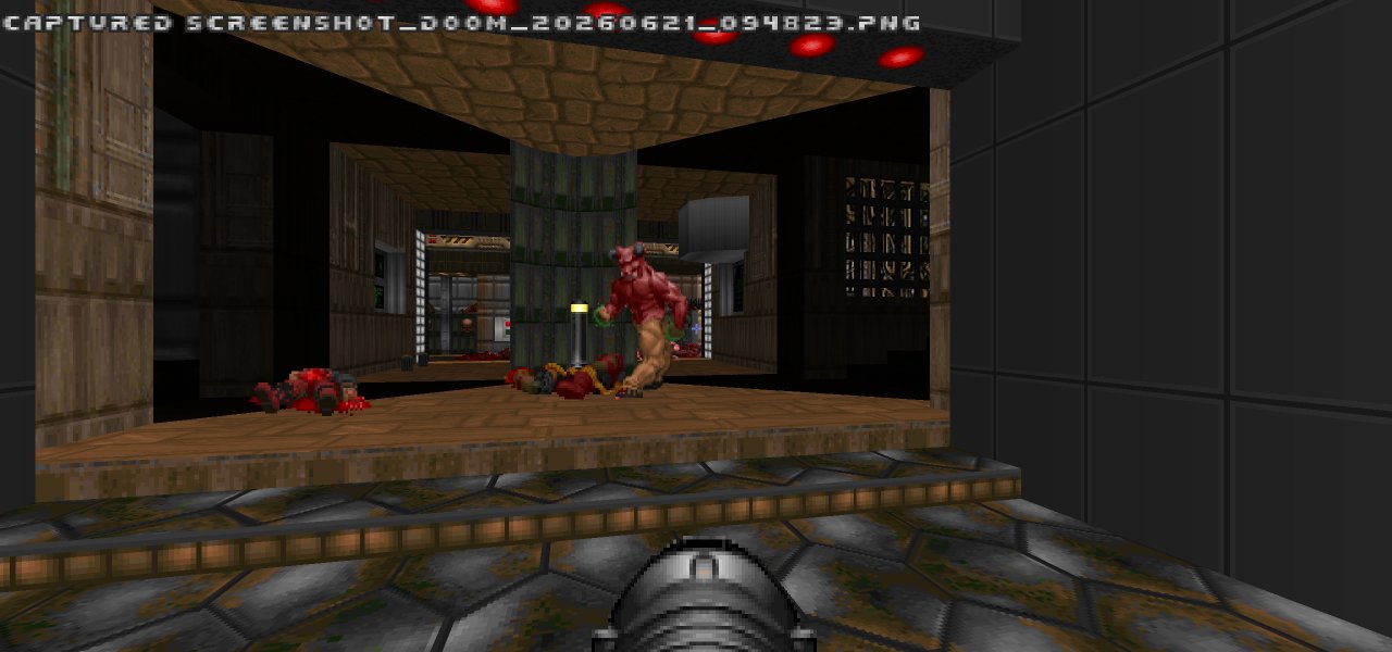 A rocket launcher wielding player aims for a Baron of Hell in a room with contrasting light.
