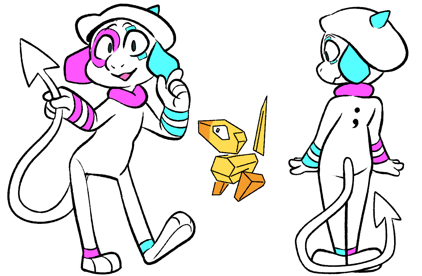 Point and Click are a duo to represent programming as a form of creative expression! Point (the Smeargle) has a mouse cursor tail, CGA palette, and will debug their code by explaining it to a rubber duck styled Porygon pal named Click!